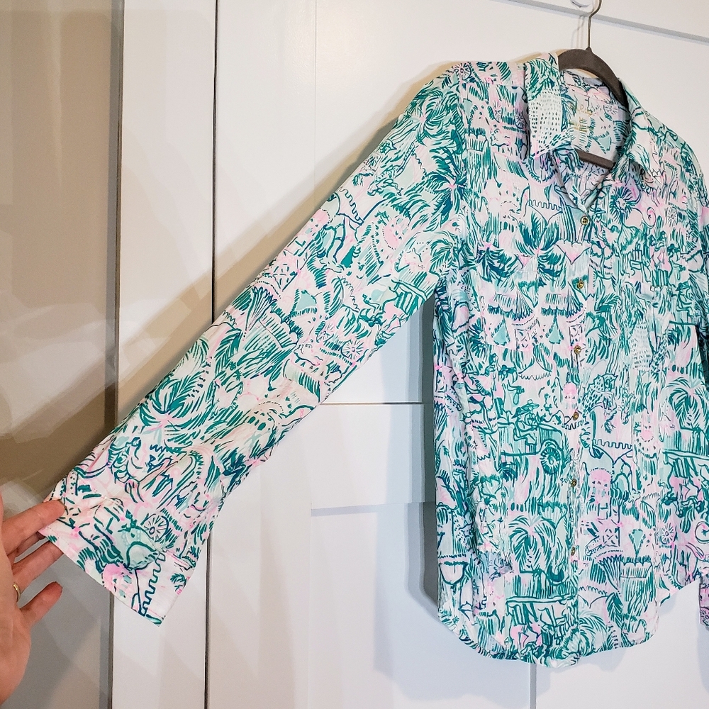 Lily Pulitzer Seaview Button Up Bright Agate Green Colorful Camelflage M… - Picture 5 of 14